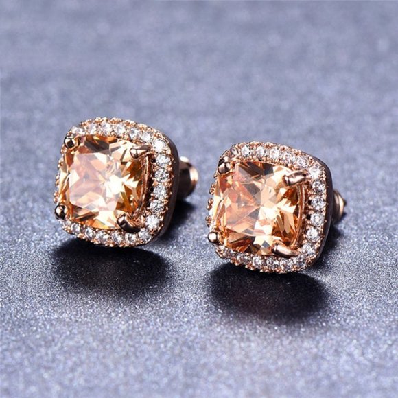Rose Gold Princess Cut Champagne Topaz Stud Earrings - Picture 4 of 4